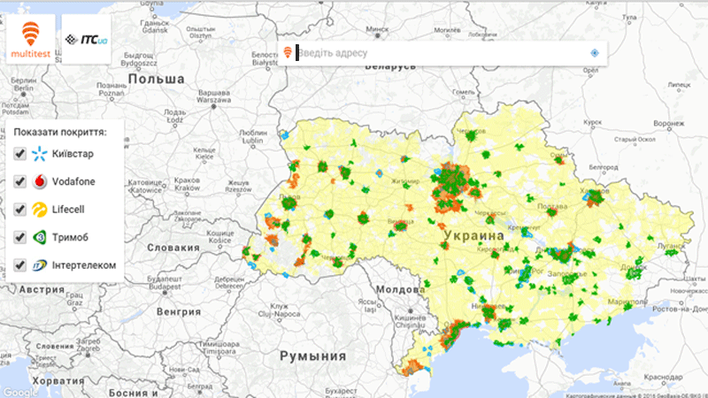 Интерактивная карта покрытия 3G в Украине