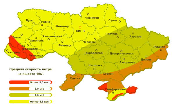 Карта средней силы ветра в Украине